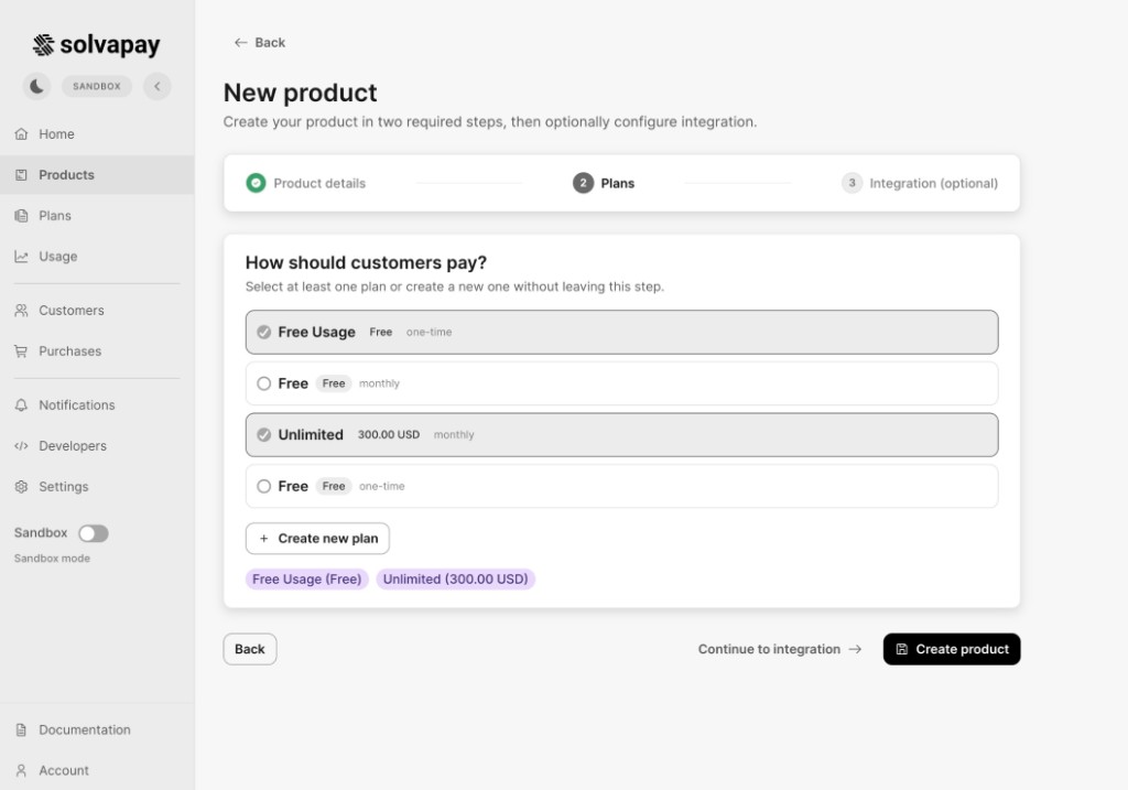 Plans step with selected plans in new product flow