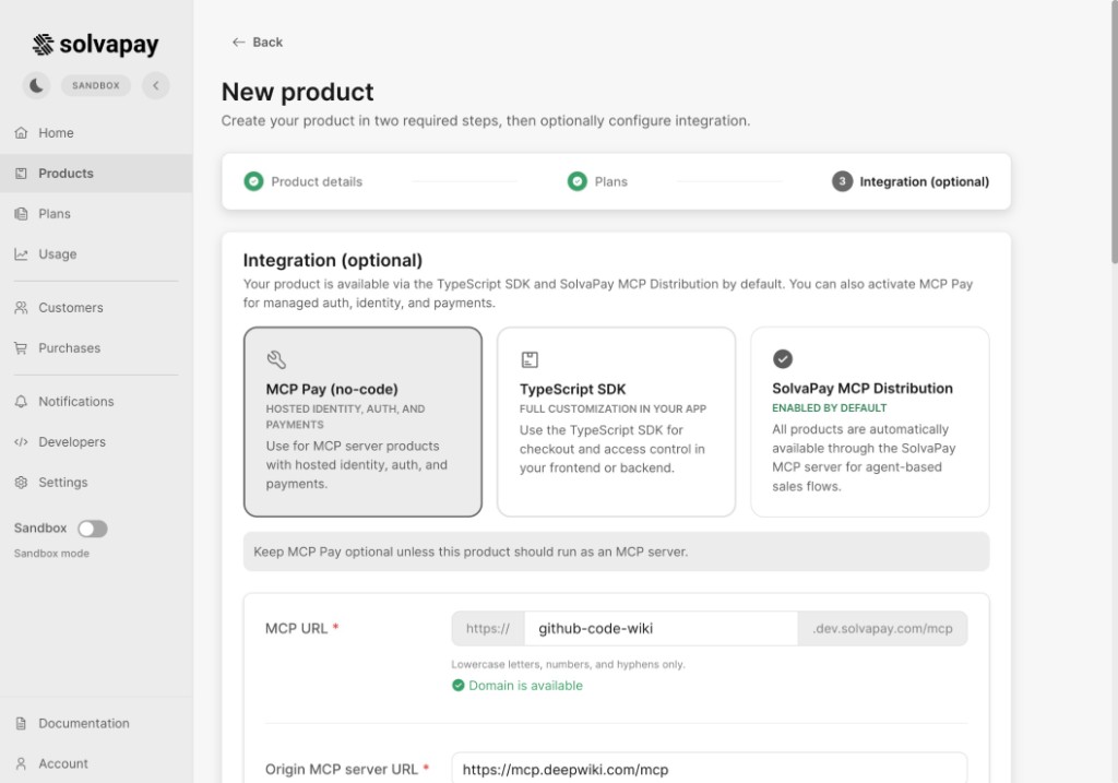 Integration step showing Hosted MCP Pay MCP URL and origin server URL fields