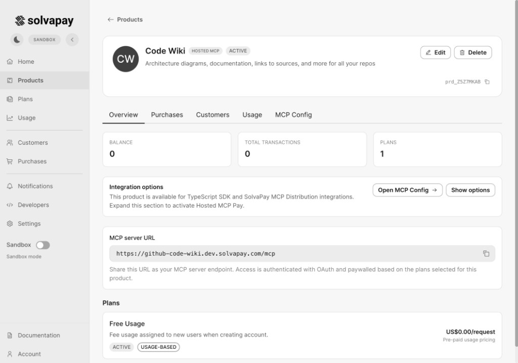 Hosted MCP product details page with MCP server URL