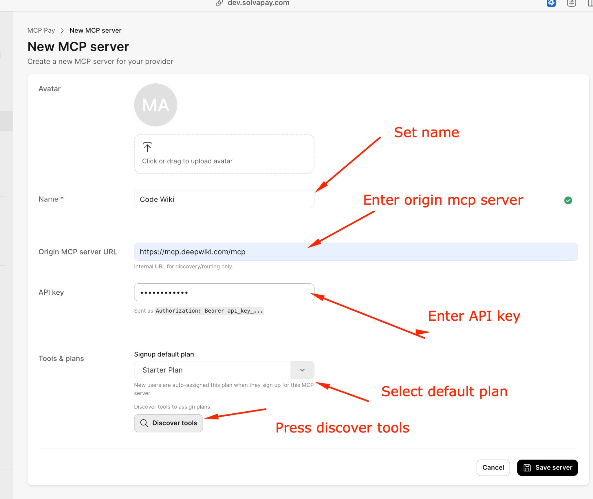 New MCP server form with name, URL, API key, and plan fields
