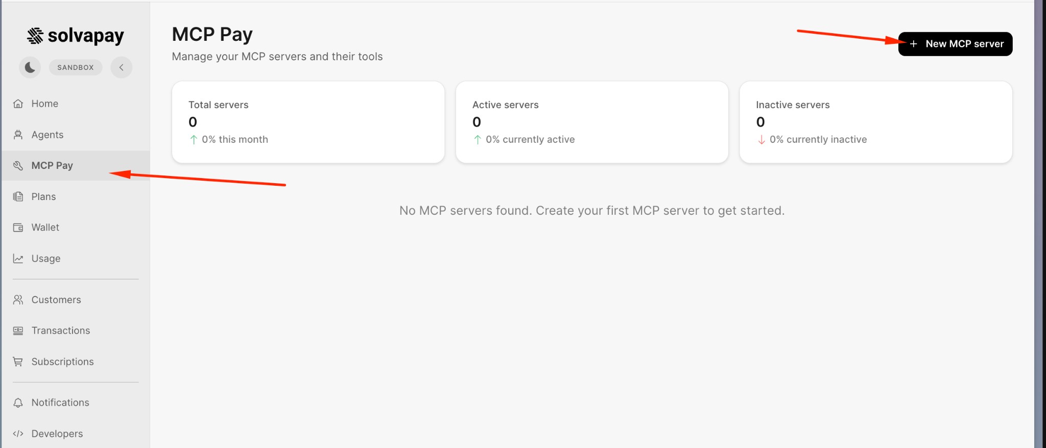 MCP Pay list page showing server statistics and "New MCP server" button