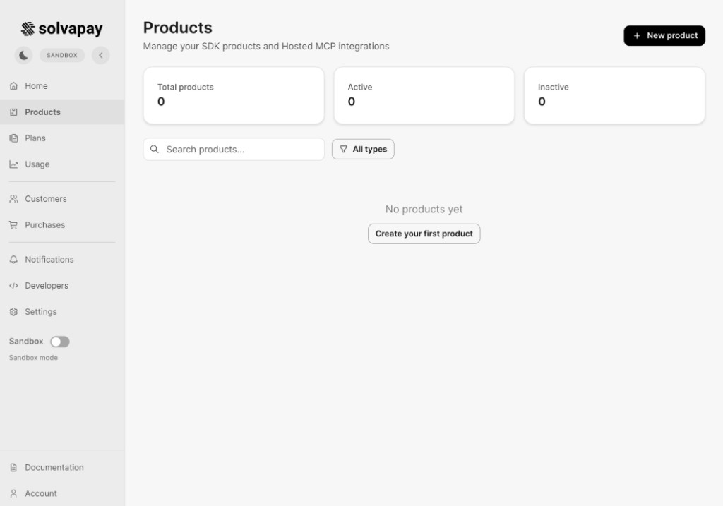 Products dashboard with create product entry point