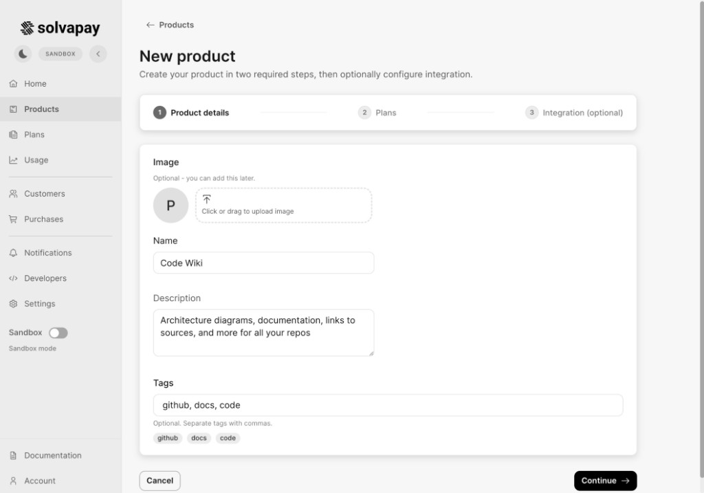 Product details step in create product flow